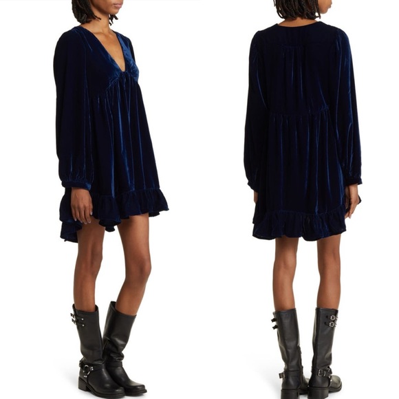 FREE PEOPLE Estella Velvet Mini Dress in Navy Blue - Picture 4 of 13